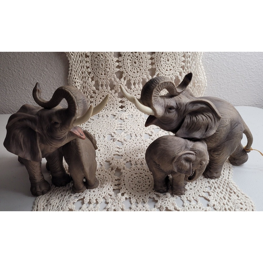 2 Ceramic Andrea by Sadek‎ #7870 Trunk Up Mother w/ Calf Elephant Figurines Gray